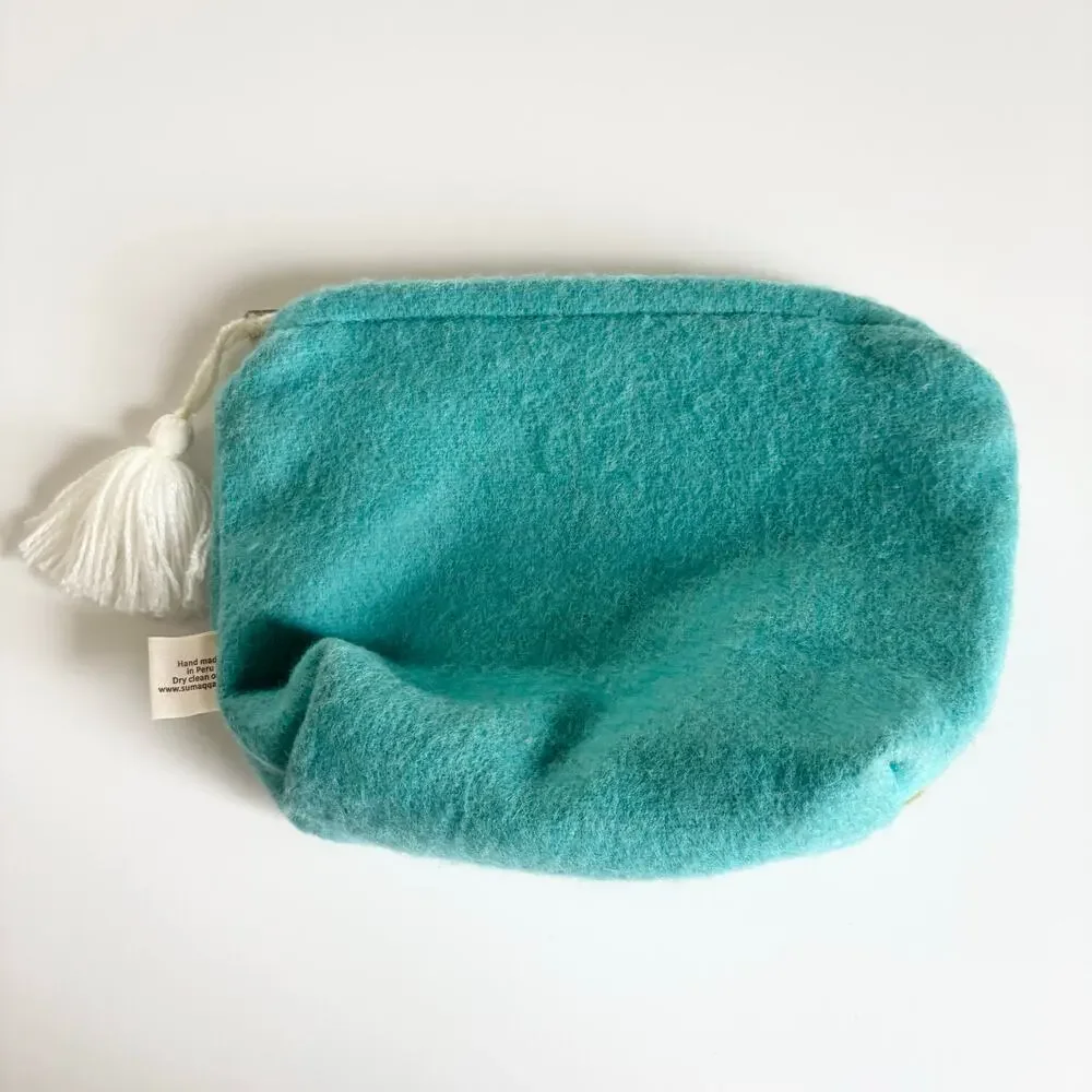 Wool Llama & Cactus Handmade in Peru Makeup Travel Cosmetics Bag Turquoise